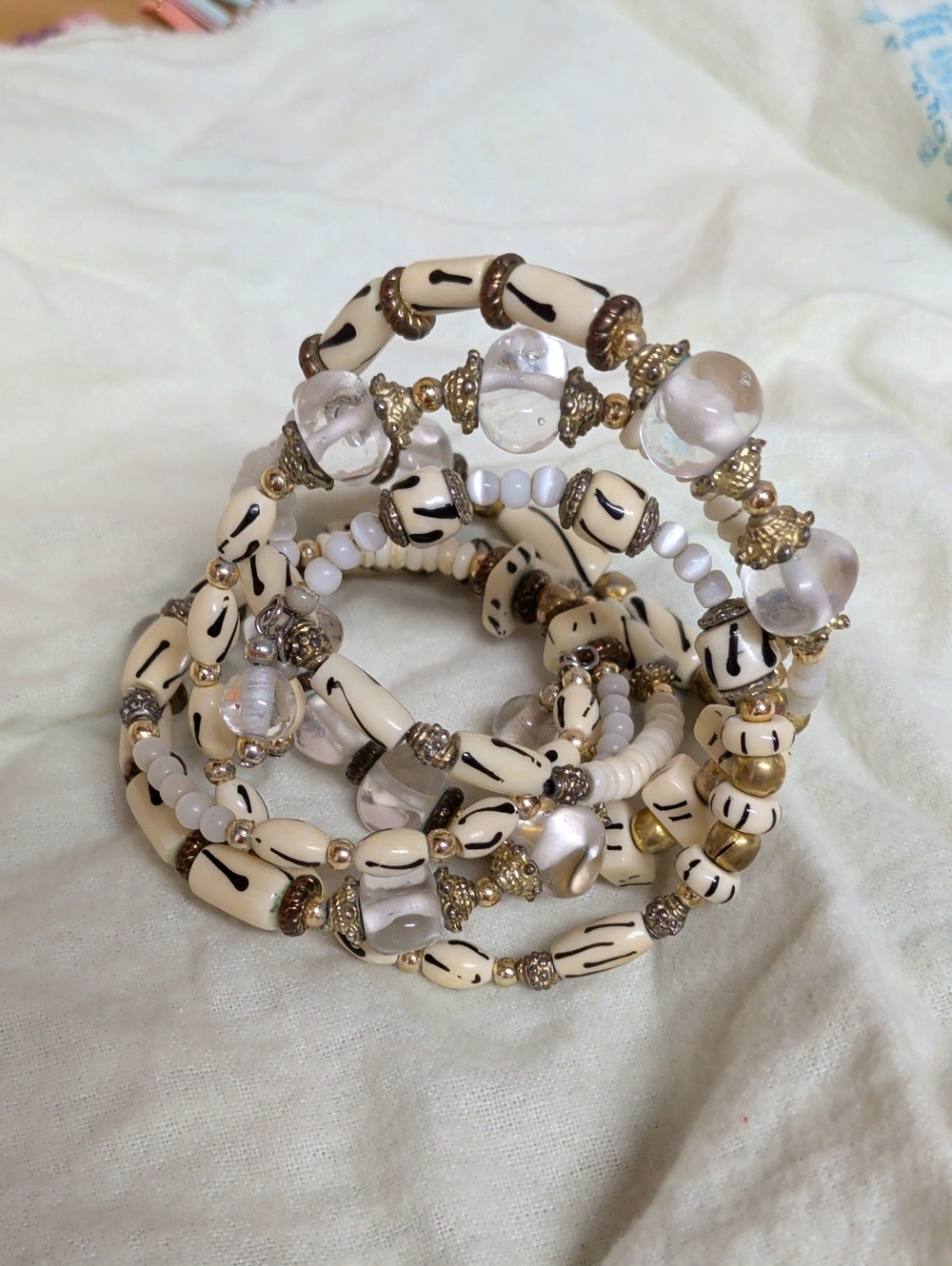 Elegant Cream and Gold Beaded Coil Bracelet - Women Jewelry
